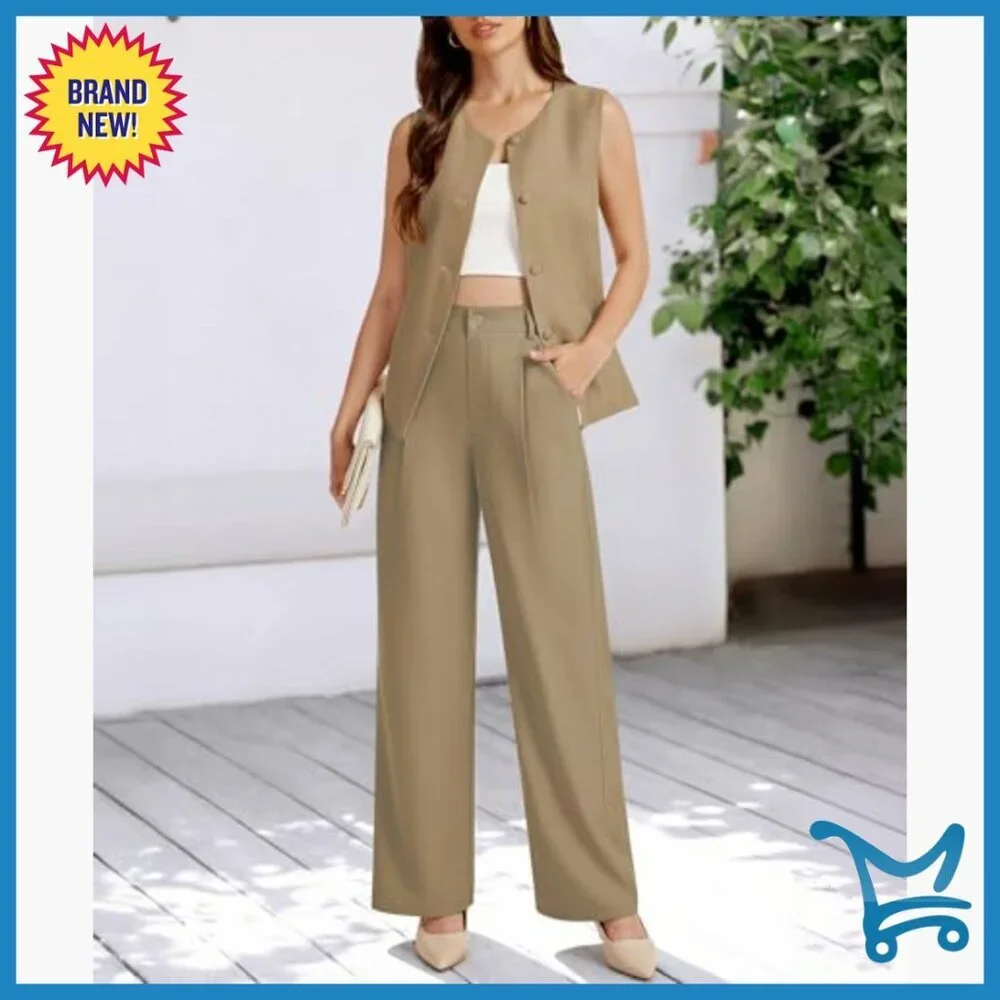 Sleeveless Vest and Wide Leg Pants Suit Set, Business Casual, Travel Blazer